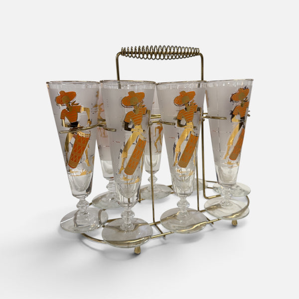 Set of 8 Gold and Orange Calypso Pilsners in Original Caddy