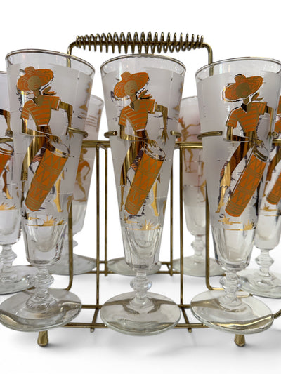 Set of 8 Gold and Orange Calypso Pilsners in Original Caddy