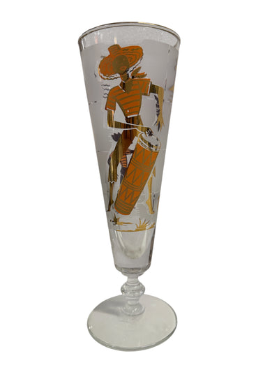 Set of 8 Gold and Orange Calypso Pilsners in Original Caddy