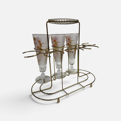 Set of 8 Gold and Orange Calypso Pilsners in Original Caddy