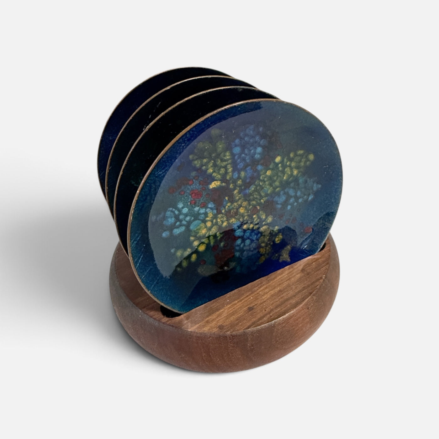 Bovano Mid Century Enamel Coasters with Teak Holder (Set of 4)