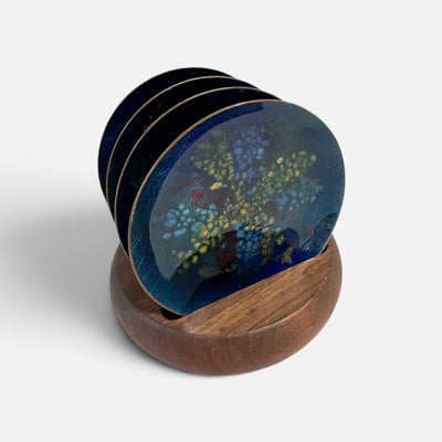 Bovano Mid Century Enamel Coasters with Teak Holder (Set of 4)