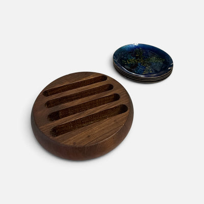 Bovano Mid Century Enamel Coasters with Teak Holder (Set of 4)