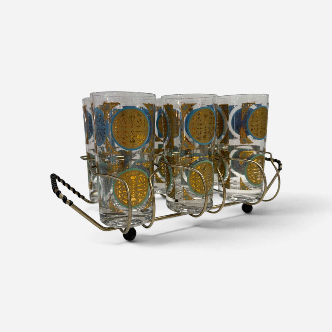 Elegant Pasinski Aqua & Gold Set of 6 Tumblers with Carrier
