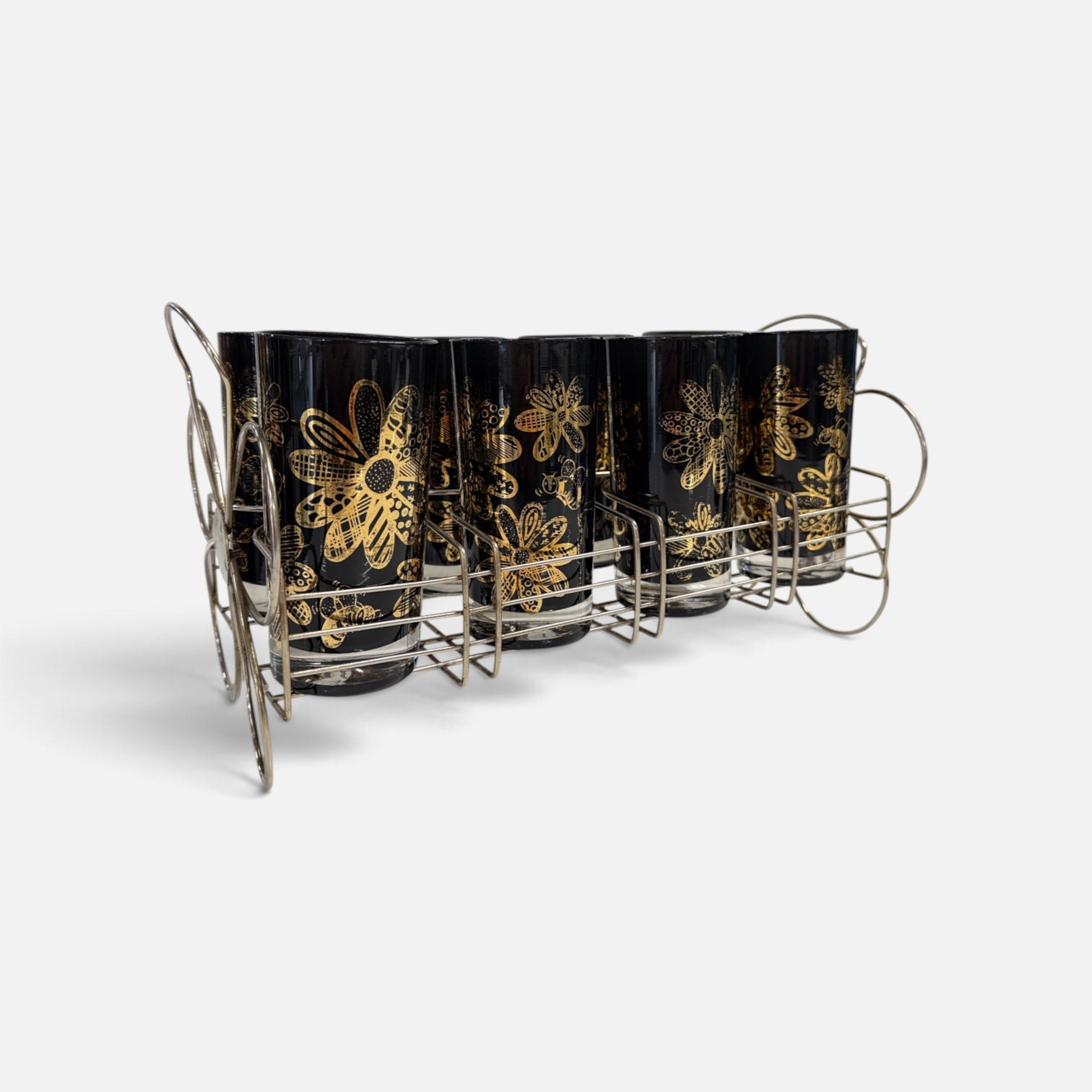 Set of 8 Black & Gold Highballs in Flower Rack by Frank Maietta