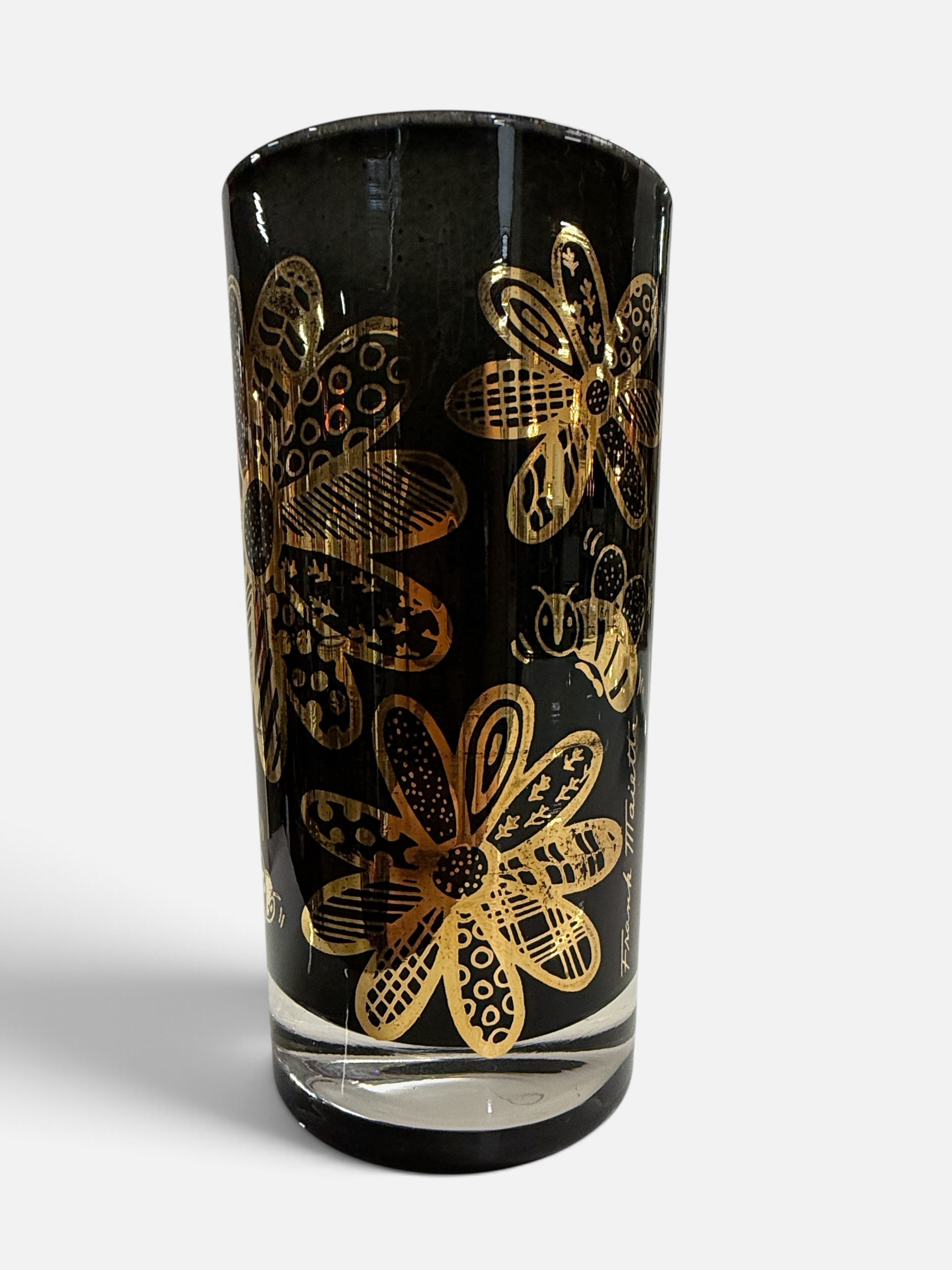 Set of 8 Black & Gold Highballs in Flower Rack by Frank Maietta