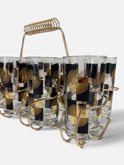 Set of 8 Black & Gold MCM Starburst Tumblers in Caddy (17-26M387)