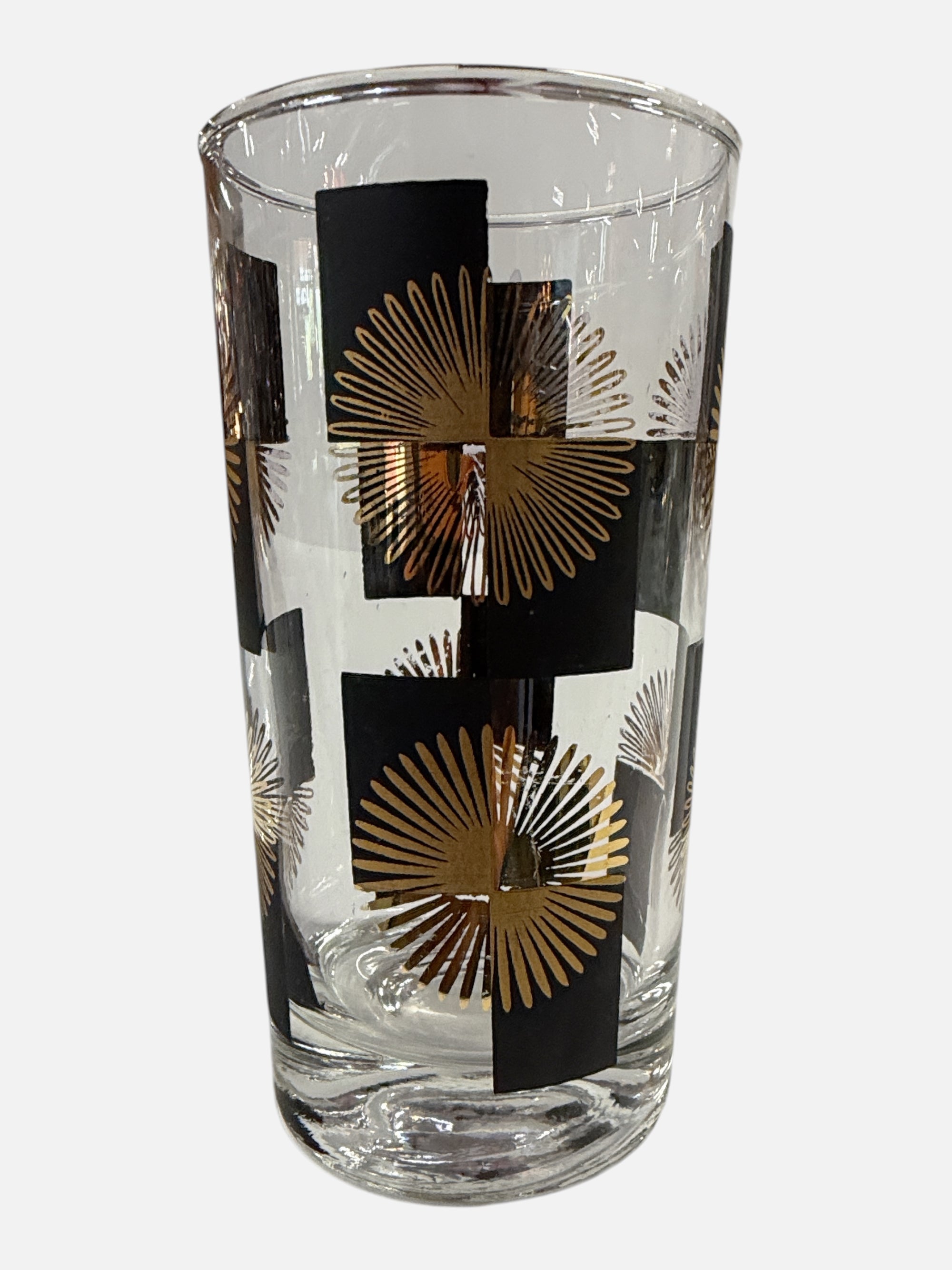 Set of 8 Black & Gold MCM Starburst Tumblers in Caddy (17-26M387)