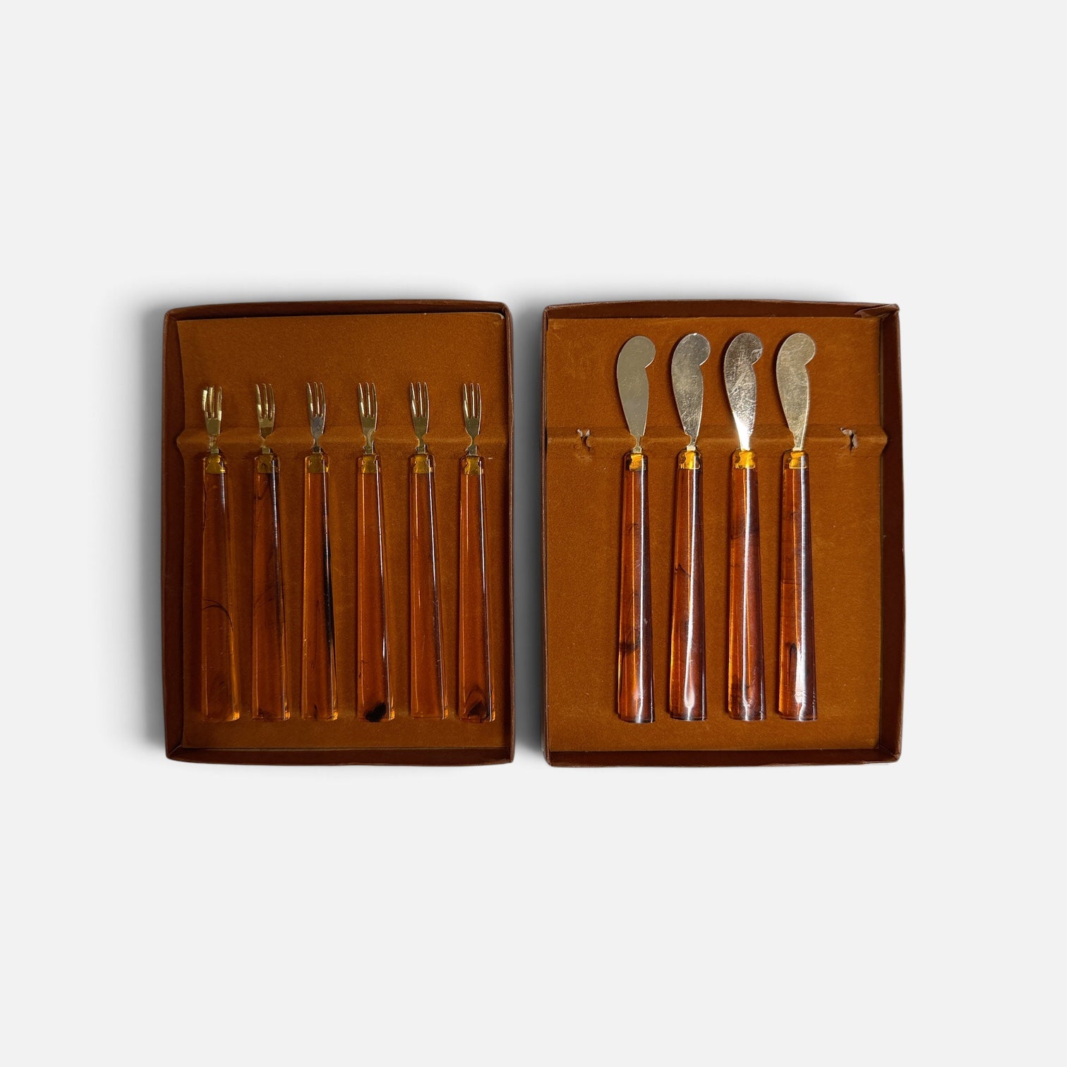 Mid Century Acrylic Brass Cocktail Forks and Spreaders