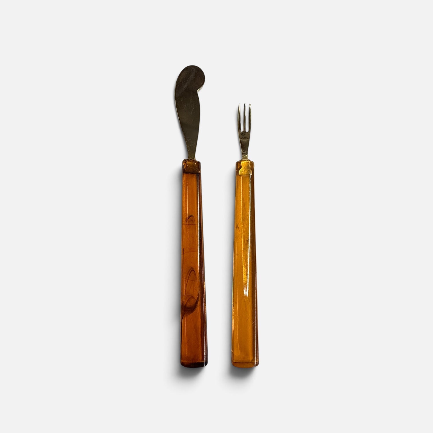 Mid Century Acrylic Brass Cocktail Forks and Spreaders