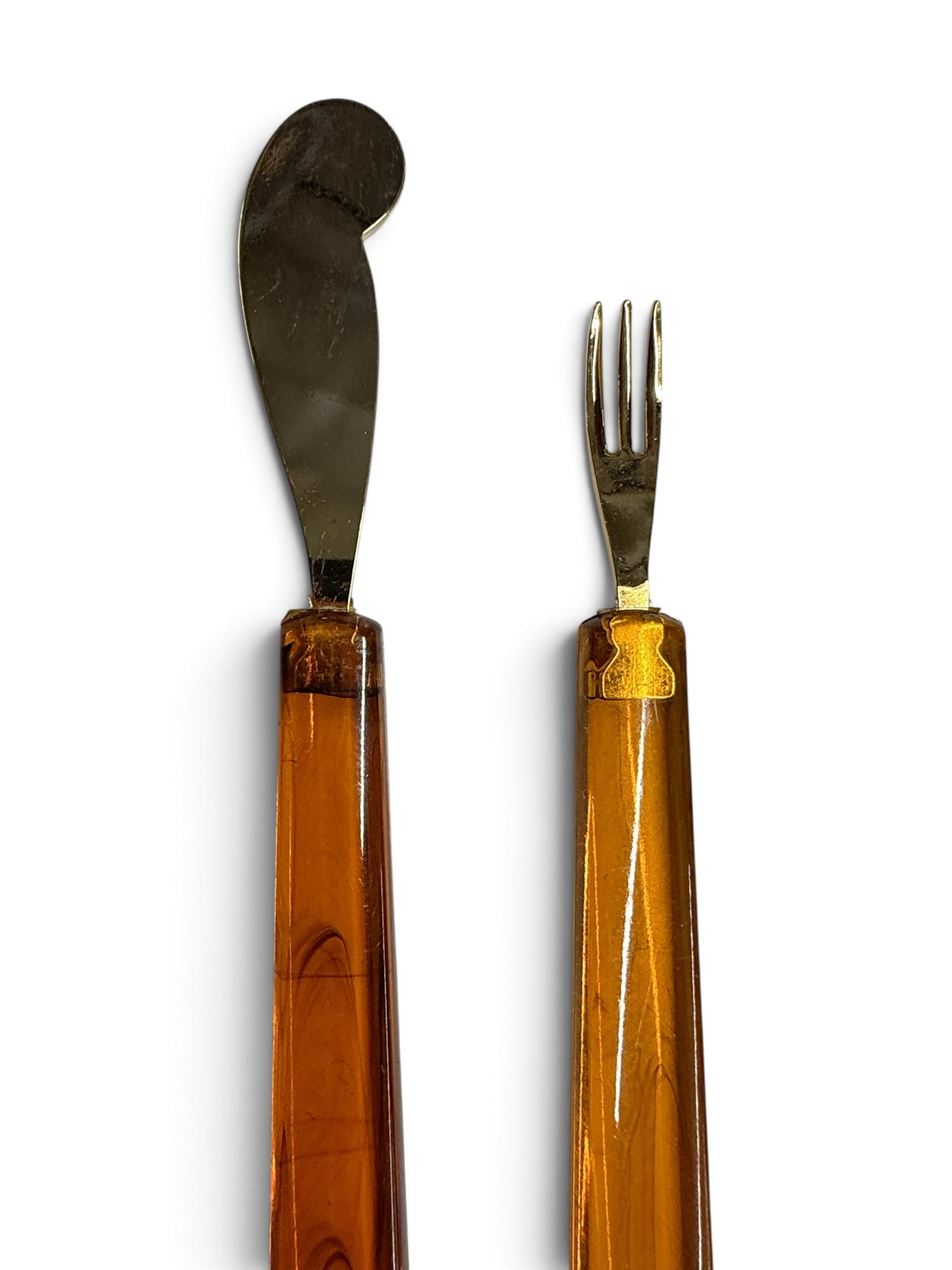 Mid Century Acrylic Brass Cocktail Forks and Spreaders