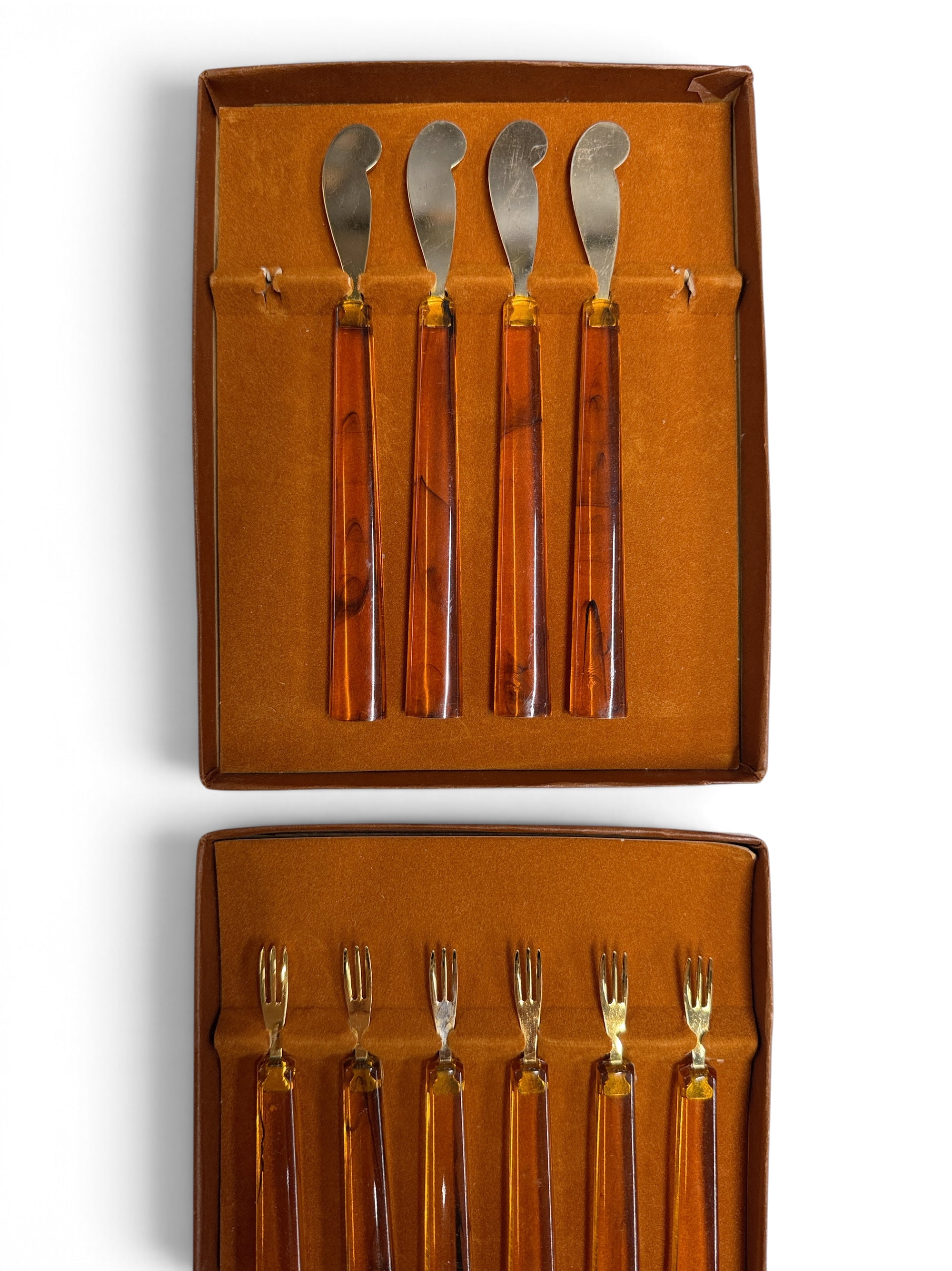 Mid Century Acrylic Brass Cocktail Forks and Spreaders