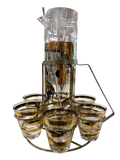 MCM Fred Press Signed 9-Piece Trojan Horse Pitcher and Cocktail Glass Set in Original Caddy