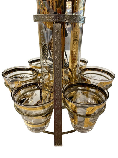 MCM Fred Press Signed 9-Piece Trojan Horse Pitcher and Cocktail Glass Set in Original Caddy