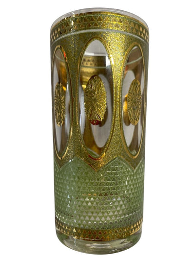 MCM Culver Regency Gold and Green Highball Glasses in Vintage Caddy (Set of 7)