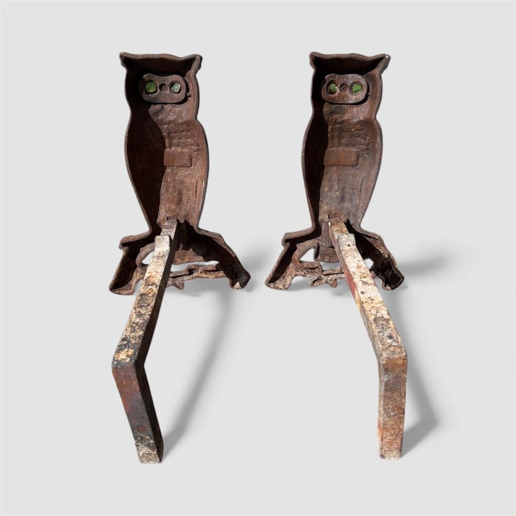 Antique Pair Cast Iron Owl Andirons Glass Eyes Fireplace Log Holder