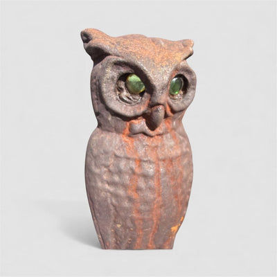 Antique Pair Cast Iron Owl Andirons Glass Eyes Fireplace Log Holder