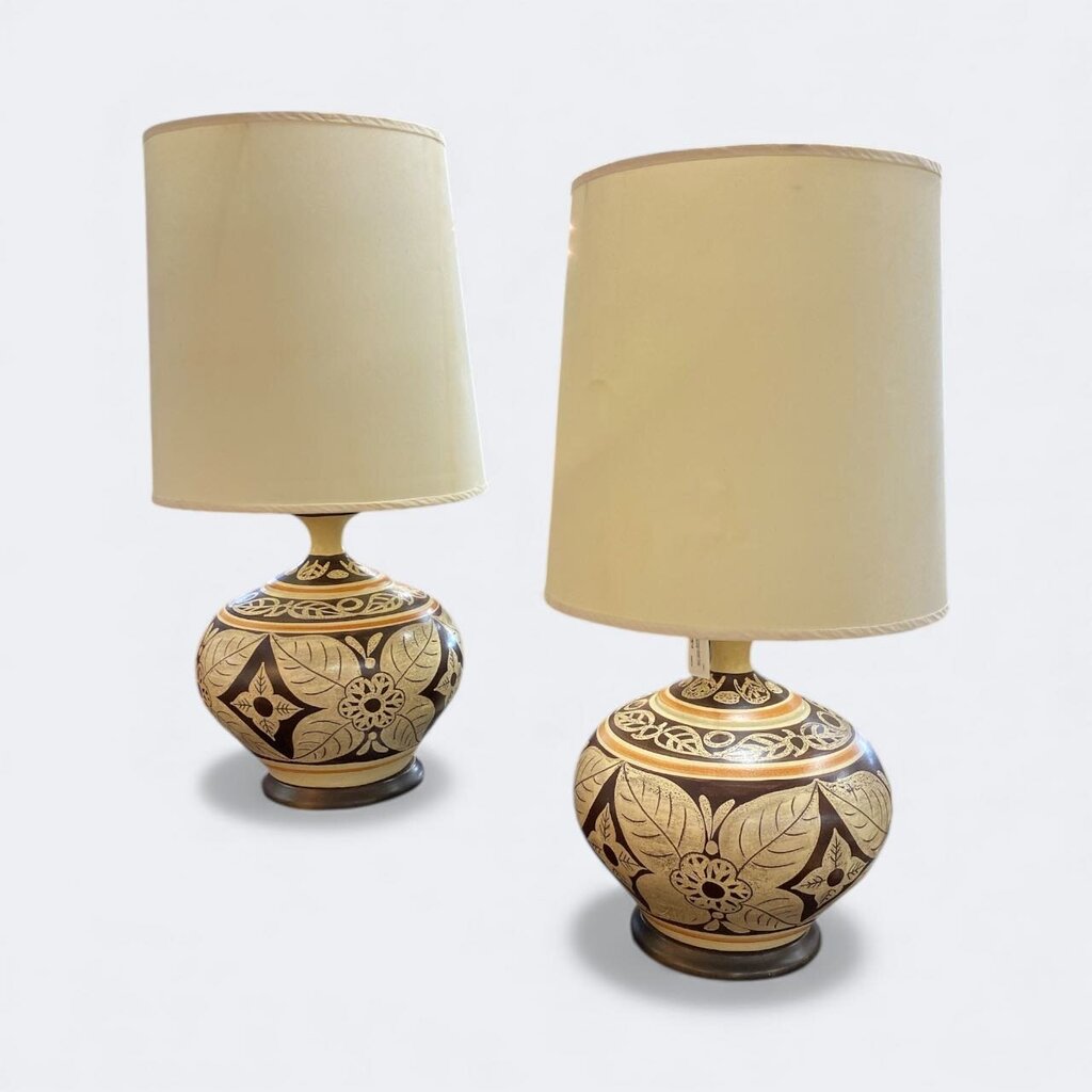 PAIR Mid Century Modern Beige, Brown and Gold Ceramic Lamps (Set of 2)