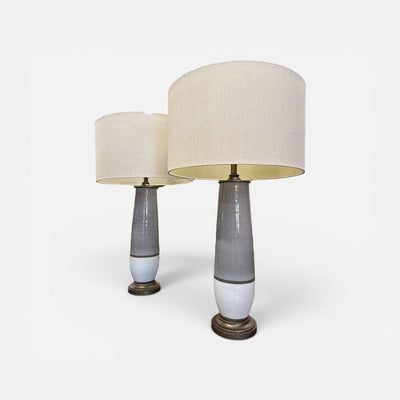 Modern HEAVY Pair of Ceramic Lamps in Gray and Antique Bronzed Trim (Set of 2)