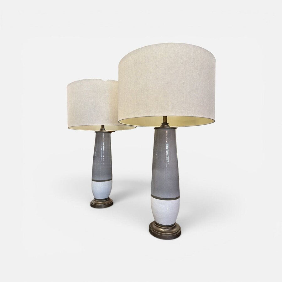Modern HEAVY Pair of Ceramic Lamps in Gray and Antique Bronzed Trim (Set of 2)