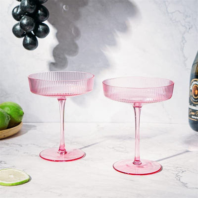 Set of 2 Ripple Ribbed Cocktail Coupe Colored Glasses | 8oz