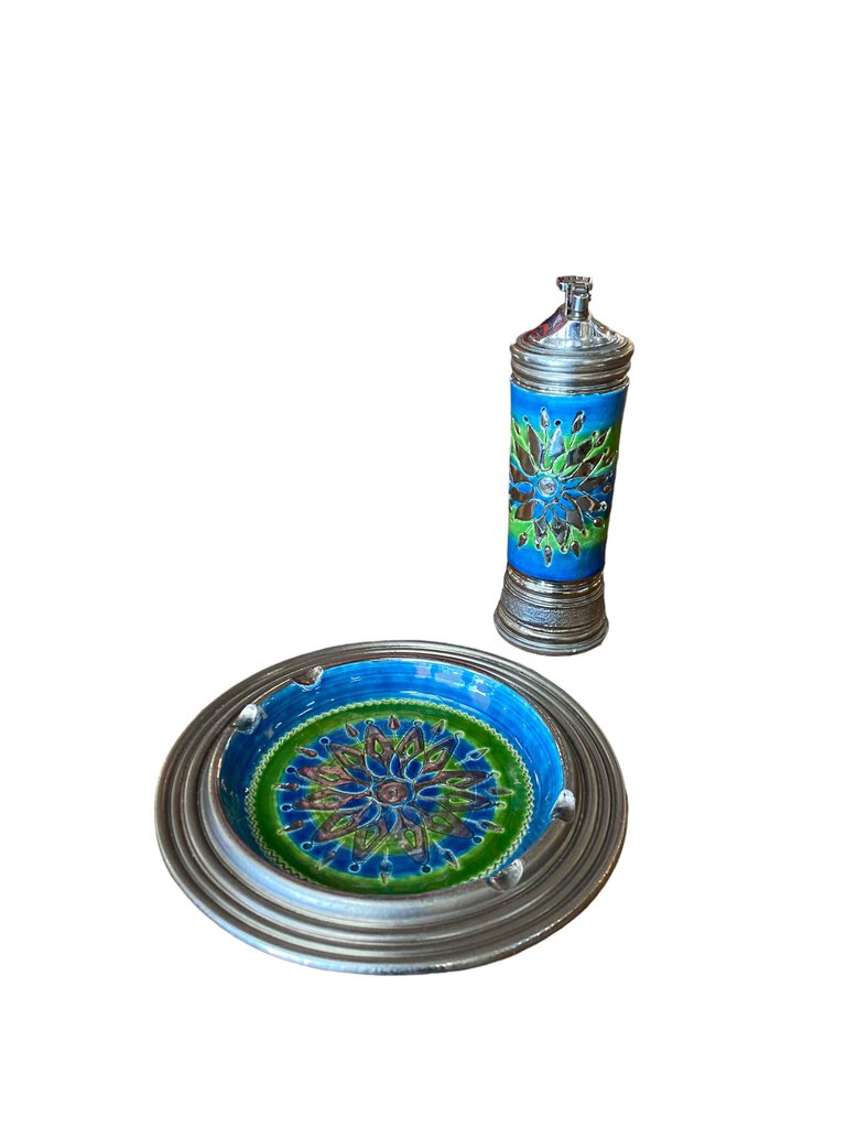 Bitossi Netter Mid Century Italian Ceramic Lighter and Ashtray - Blue Green Starburst (Set of 2)