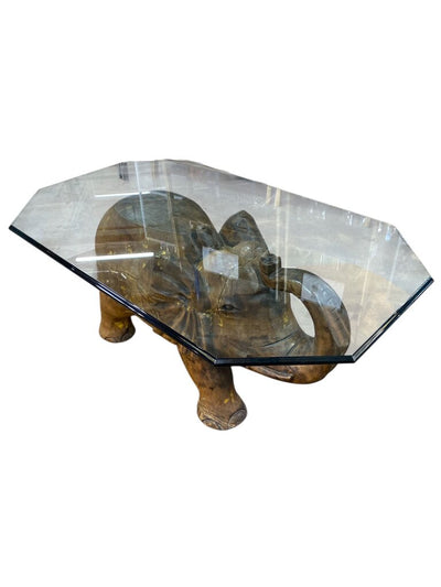 Vintage Carved Elephant with Antique Indian Brass Tray Top