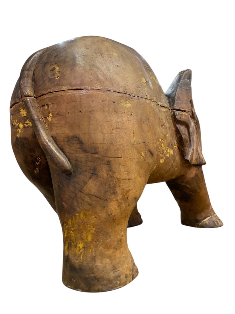 Vintage Carved Elephant with Antique Indian Brass Tray Top