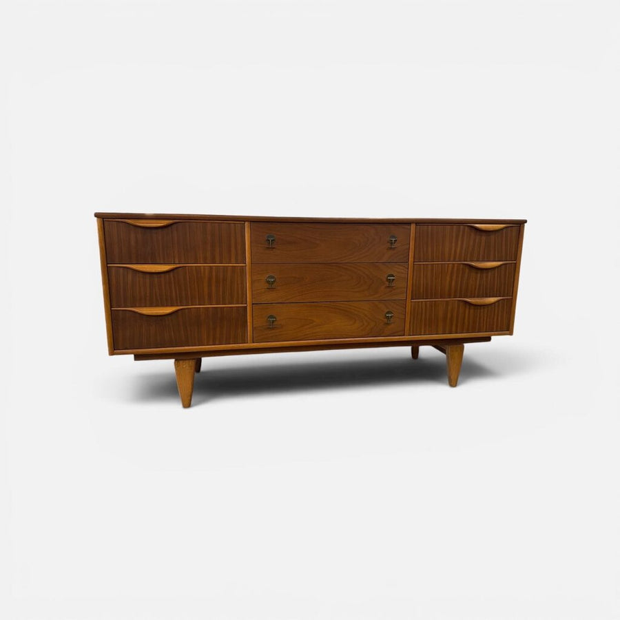 Mid Century Stanley Walnut Chest of Drawers Credenza - Super Cool Pulls and Floating Base