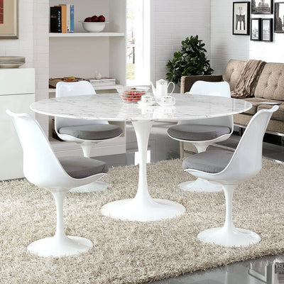 Tulip Table Dining / 60" Round / Faux Marble / White Base