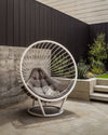 Floor standing bubble chair with whispering silver frame and dark grey cushion by Ben Rousseau