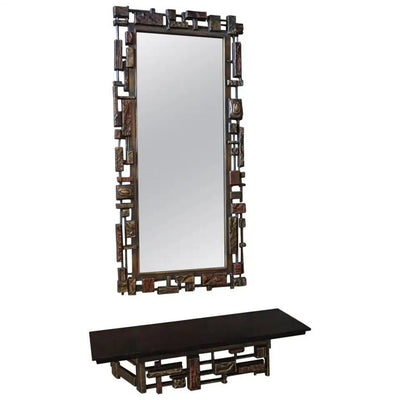 Mid Century Modernist Syroco Brutalist Mirror w/ Shelf
