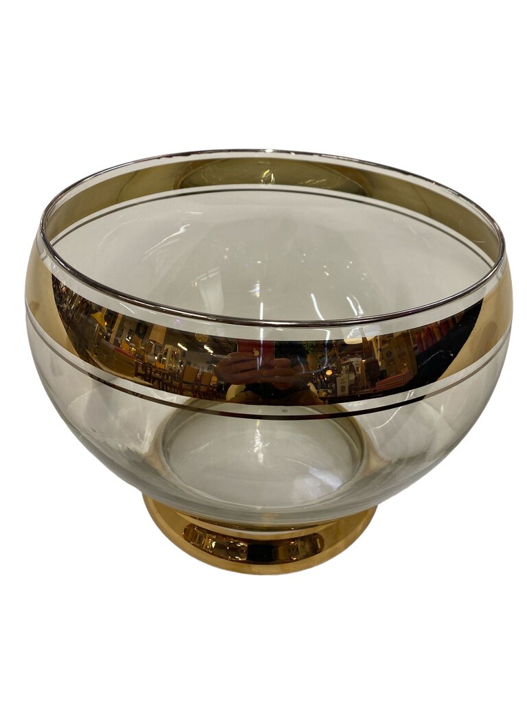 Vintage Mid Century Gold Trimmed Glass Punch Bowl