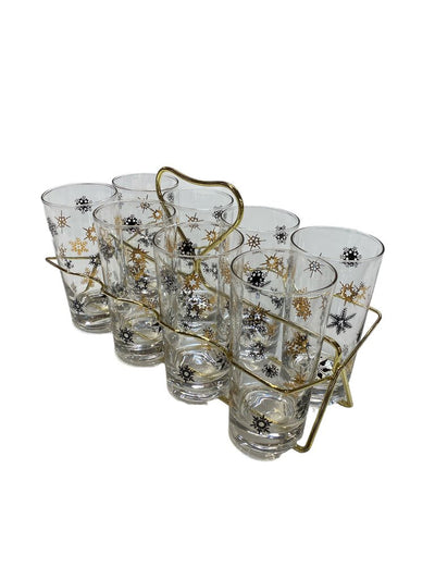 Atomic Mid Century Set of 8 Glasses with Brass Carrier