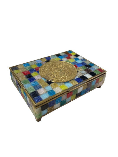 Mid Century Modern Mexican Tile and Brass Trinket Box