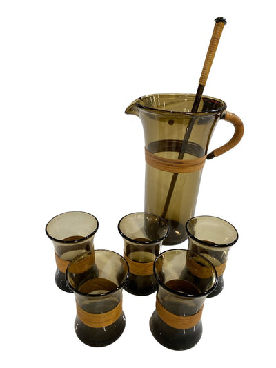 Kastrup Mid Century Rattan Wrapped Smoked Glass Pitcher and Glassware Set (5 Glasses)