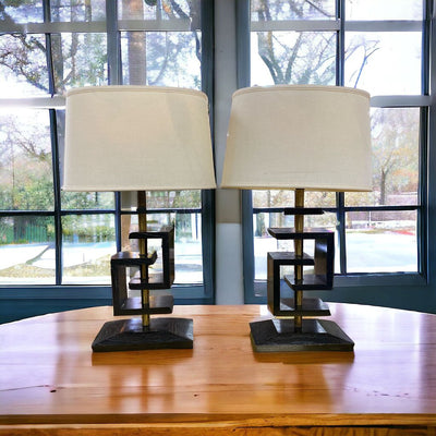 Vintage 1950's James Mont Geometric Cerused Wood Pair of Retro Table Lamps